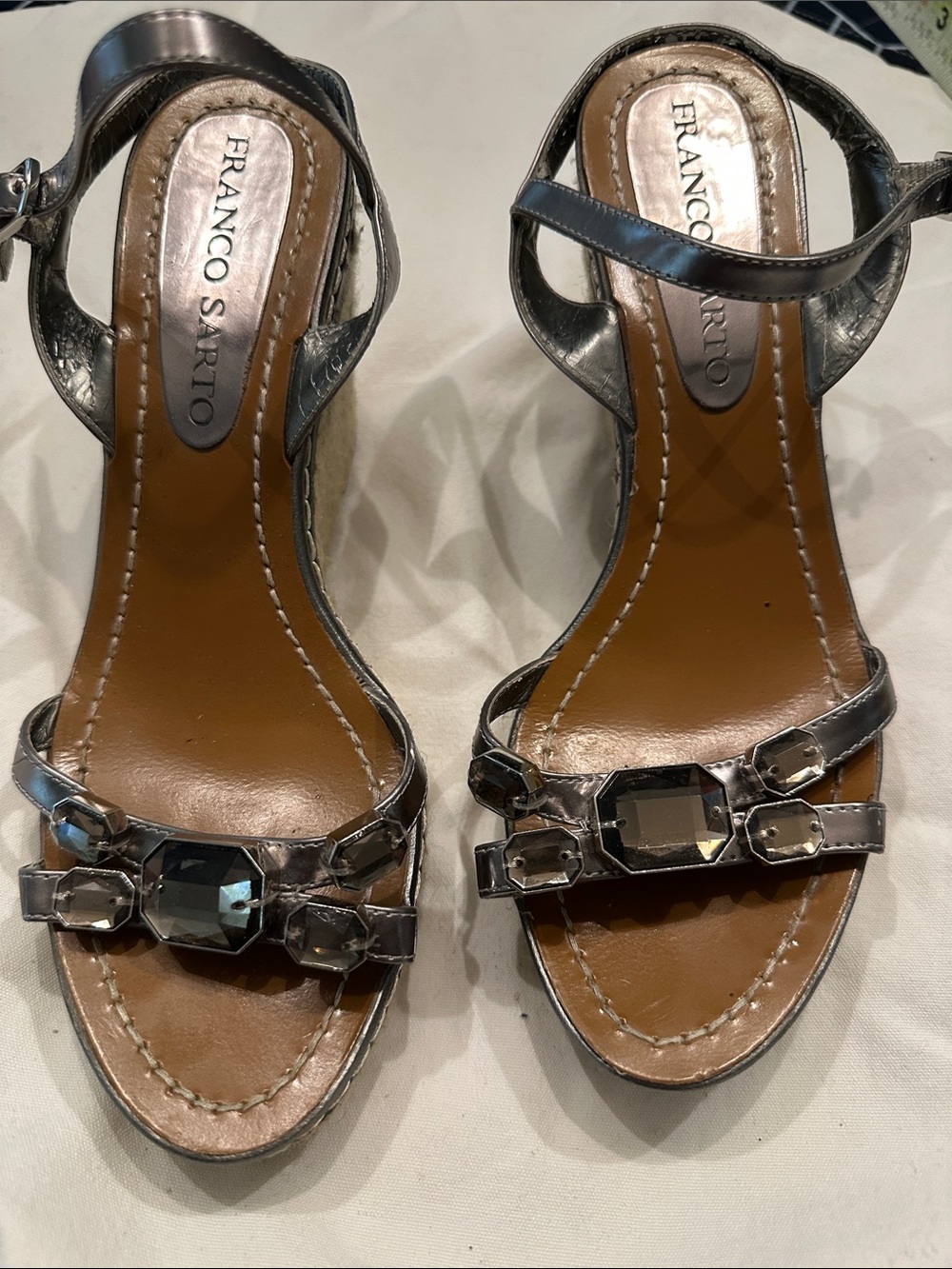 Franco Sarto Metallic Silver Jeweled Ankle-Strap Sandals